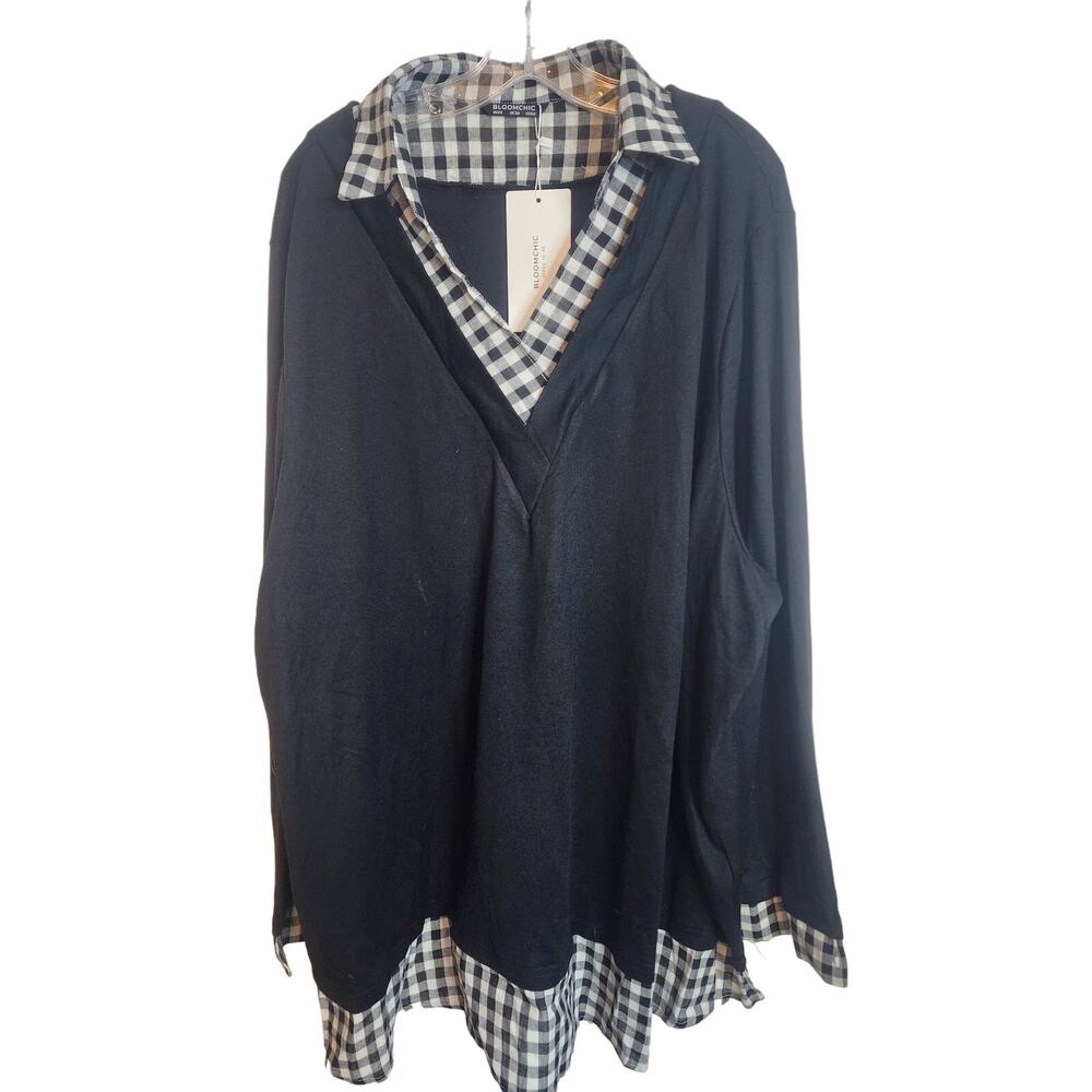 BloomChic Plaid Patchwork Shirt Collar Curved Hem Shirt, Black, NWT, Size 28